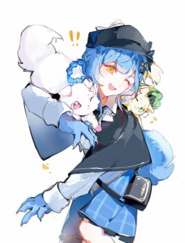 ! !! 1girl absurdres animal animal_hands animal_on_shoulder animalization black_bag black_capelet black_hat blue_fur blue_hair blue_skirt braid braided_hair_rings capelet cat cat_on_shoulder chinese_commentary coloki commentary_request deerstalker dog_tail feet_out_of_frame hair_rings hat highres long_sleeves looking_at_animal mahou_shoujo_no_majo_saiban one_eye_closed open_mouth pleated_skirt sakuraba_ema short_hair simple_background skirt smile solo standing tachibana_sherry tail tono_hanna white_background yellow_cat yellow_eyes