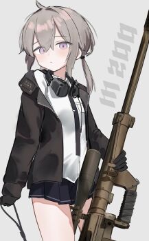 1girl absurdres black_gloves black_necktie black_skirt blush bolt_action breast_pocket brown_hair character_name cheytac_m200 collared_shirt commentary cowboy_shot cowl double-parted_bangs dress_shirt girls'_frontline gloves grey_background grey_hair gun hair_between_eyes headphones headphones_around_neck highres holding holding_gun holding_weapon jacket long_hair looking_at_viewer low_ponytail m200_(girls'_frontline) miniskirt necktie open_clothes open_jacket pink_eyes pleated_skirt pocket ponytail pout rifle scope shirt sidelocks simple_background skirt sniper_rifle solo thighs urashima_jiro weapon white_shirt