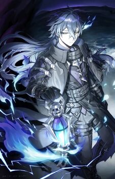 Rule 34 | 2boys, absurdres, black gloves, blue hair, closed mouth, coat, coppepan, crossed bangs, flins (genshin impact), genshin impact, gloves, highres, holding, holding lantern, lantern, long hair, long sleeves, looking at object, male focus, multiple boys, solo, walking, water, yellow eyes