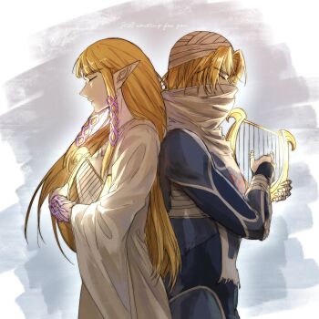 Rule 34 | 1girl, back-to-back, bandaged hand, bandaged head, bandaged torso, bandages, blue bodysuit, blunt bangs, bodysuit, border, closed eyes, cowboy shot, dress, dual persona, english text, grey background, hair ribbon, highres, holding, holding instrument, holding lyre, instrument, long hair, lyre, mulsu ww, nintendo, parted bangs, pink ribbon, pointy ears, princess zelda, ribbon, scarf, sheik, short hair, sidelocks, the legend of zelda, the legend of zelda: ocarina of time, the legend of zelda: skyward sword, white border, white dress, white scarf