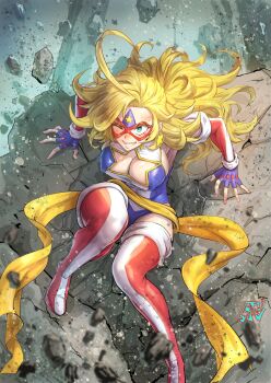 1girl ahoge blonde_hair blue_leotard boots breasts cleavage_cutout closed_mouth clothing_cutout commission covered_navel debris earrings eye_mask fingerless_gloves fujii_eishun gloves highres jewelry kamen_america kamen_america_(comic) large_breasts leotard long_hair mask one_eye_closed red_boots sideboob skeb_commission smile solo star_(symbol) star_cutout star_earrings teeth thigh_boots