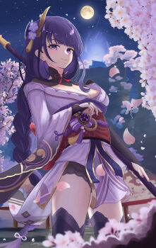 1girl absurdres blue_pupils blurry braid breasts cherry_blossoms cleavage clothing_cutout commentary_request depth_of_field engulfing_lightning_(genshin_impact) falling_petals fan_hair_ornament from_below full_moon genshin_impact hair_ribbon happy highres holding holding_polearm holding_weapon large_breasts light_smile long_braid looking_at_viewer mitsudomoe_(shape) mole mole_under_eye moon multicolored_eyes neck_ribbon night outdoors petals pink_petals polearm porty_ramram purple_eyes purple_hair purple_nails purple_thighhighs raiden_shogun red_ribbon ribbon shade shadow shoulder_cutout single_braid sky solo star_(sky) starry_sky thighhighs tomoe_(symbol) upper_body weapon