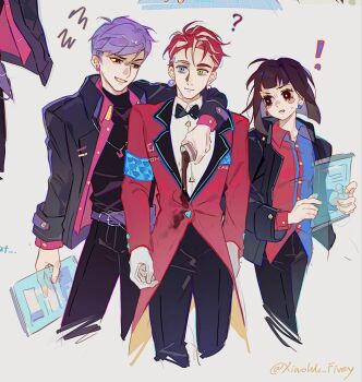 Rule 34 | !, 1girl, 2boys, ?, alternate costume, armband, belt, belt buckle, black bow, black bowtie, black coat, black eyes, black pants, black shirt, blue eyes, blue pupils, blue shirt, bow, bowtie, brown hair, buckle, caine (the amazing digital circus), closed mouth, coat, colored teeth, cropped, cup, disposable coffee cup, disposable cup, earrings, feet out of frame, formal clothes, gloves, green eyes, grey background, hand around neck, hat, heterochromia, highres, holding, holding tablet pc, holding weapon, humanization, jax (the amazing digital circus), jewelry, lapels, long sleeves, looking at another, looking at viewer, looking to the side, medium hair, mini person, mismatched pupils, motion lines, multiple boys, narrow waist, open mouth, pants, parted lips, pink suit, plant, pomni (the amazing digital circus), purple belt, purple hair, rabbit necklace, red armband, red hair, red pupils, red shirt, red tailcoat, science fiction, shirt, short hair, simple background, sitting, smirk, spilling, stain, standing, suit, tablet pc, teeth, the amazing digital circus, two-tone shirt, weapon, white gloves, white shirt, xiaowu nora, yellow eyes, yellow teeth