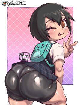 1girl :p ass backpack bag bike_shorts black_hair blush highres huge_ass kyojiri_loli loli looking_at_viewer looking_back marvel medium_hair one_eye_closed peni_parker ruruduu shiny_clothes shirt skirt smile solo spider-man:_into_the_spider-verse spider-man_(series) spider-verse thick_thighs thighs tongue tongue_out v