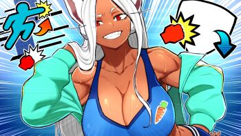 1girl absurdres aka_nobodyy animal_ears aqua_jacket bare_shoulders blue_sports_bra boku_no_hero_academia breasts carrot_print cleavage collarbone commentary dark-skinned_female dark_skin english_commentary food_print gameplay_mechanics grin hand_in_own_hair hand_on_own_hip highres jacket large_breasts long_eyelashes long_hair looking_at_viewer mirko motion_lines off_shoulder parted_bangs rabbit_ears rabbit_girl raised_eyebrow red_eyes smile solo sports_bra sweat teeth toned toned_female very_long_hair white_hair