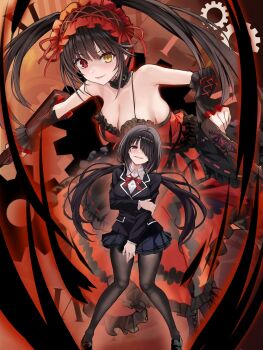 Rule 34 | 1girl, arm under breasts, black collar, black hair, black pantyhose, breasts, cleavage, collar, commentary, date a live, dress, dual persona, dual wielding, frilled hairband, frills, gears, gun, hairband, heterochromia, highres, holding, holding gun, holding weapon, large breasts, low twintails, miniskirt, multiple views, neck ribbon, pantyhose, raizen high school uniform, red background, red dress, red eyes, red ribbon, ribbon, saint laurent paris, school uniform, serafuku, skirt, smile, untranslatable commentary, tokisaki kurumi, tokisaki kurumi (spirit), twintails, v-shaped eyebrows, weapon, yellow eyes