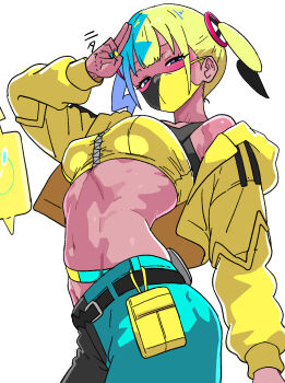 1girl abs breasts canari_(pokemon) dark_skin fake_hair_bun highres jacket looking_at_viewer mask mouth_mask multicolored_hair muscular muscular_female nintendo open_clothes open_jacket pokemon pokemon_legends:_z-a solo tan two-tone_hair two-tone_mask v white_background yaki_apple yellow_jacket yellow_nails