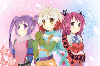 Rule 34 | 3girls, antenna hair, blonde hair, blush, brown eyes, cheria barnes, commentary, english commentary, expressionless, flat chest, flower, gloves, looking at viewer, multicolored hair, multiple girls, pascal (tales), petals, purple eyes, purple hair, red hair, sky-freedom, smile, sophie (tales), tales of (series), tales of graces, twintails, two-tone hair