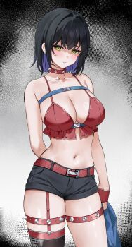 1girl arm_behind_back bare_shoulders belt black_hair black_shorts black_thighhighs blue_hair breasts chaos_zero_nightmare chest_harness choker cleavage closed_mouth colored_inner_hair cowboy_shot crop_top earrings garter_straps harness highres holding jewelry kaetzchen large_breasts looking_at_viewer midriff multicolored_hair navel no_jacket red_choker red_shirt shaded_face shirt short_hair short_shorts shorts single_garter_strap single_thighhigh skindentation sleeveless sleeveless_shirt solo spaghetti_strap spiked_choker spiked_thigh_strap spikes stomach thigh_strap thighhighs thighs tressa_(chaos_zero_nightmare)