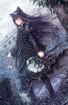 Rule 34 | 1girl, animal ears, bell, black boots, black dress, black hair, blunt bangs, boots, bouquet, cat ears, cat girl, closed mouth, commentary request, cross, day, dress, dutch angle, flower, frilled ribbon, frills, full body, gothic lolita, grass, highres, holding, holding bell, holding bouquet, inverted cross, jingle bell, juliet sleeves, lace-up boots, lolita fashion, long hair, long sleeves, mansion, misaki (kyal 001), original, outdoors, overcast, puffy sleeves, rain, ribbon, rose, sky, solo, standing, tombstone, white flower, white rose, white sky, yellow eyes