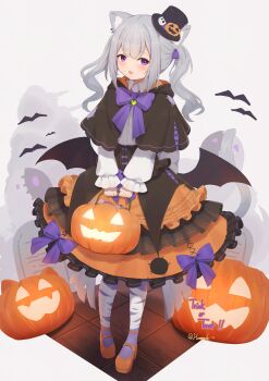1girl absurdres animal_ears bat_(animal) bat_wings black_cape black_hat cape cat_ears commentary_request grave grey_background grey_hair halloween hat highres hinata_(user_rjkt4745) jack-o&#039;-lantern looking_at_viewer medium_hair mini_hat open_mouth orange_shoes original partial_commentary shoes solo standing wings