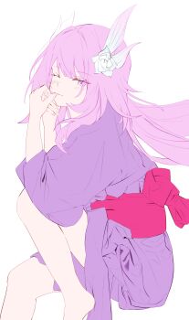 1girl absurdres alternate_costume closed_mouth commentary cyrene_(honkai:_star_rail) cyrene_(ripples_of_past_reverie)_(honkai:_star_rail) flower hair_flower hair_ornament highres honkai:_star_rail honkai_(series) invisible_chair long_hair looking_at_viewer momorin_(choco030309) one_eye_closed pink_eyes pink_hair robe simple_background sitting solo white_background white_robe