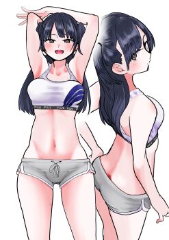 Rule 34 | 1girl, alternate hairstyle, armpits, arms behind head, arms up, black hair, boku no kokoro no yabai yatsu, boyshort panties, breasts, brown eyes, from above, from below, groin, hand on own hip, highres, large breasts, long hair, looking back, midriff, multiple views, navel, open mouth, sakurai norio, smile, sports bra, tagme, twintails, two side up, yamada anna