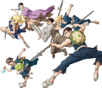 2girls 5boys asagiri_gen black_hair blonde_hair brown_hair chrome_(dr._stone) dr._stone ginro_(dr._stone) goggles holding kinro_(dr._stone) knife kohaku_(dr._stone) kunai multiple_boys multiple_girls official_art ooki_taiju polearm ponytail promotional_art reverse_grip shield spear suika_(dr.stone) sword weapon white_background