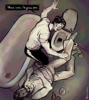 2boys arm_hair ashtray bathtub bottle cigarette disco_elysium english_text from_above full_body hand_on_another's_leg harry_du_bois highres holding holding_cigarette jean_vicquemare lying male_focus midriff motgarel multiple_boys on_back smoking toilet toilet_paper