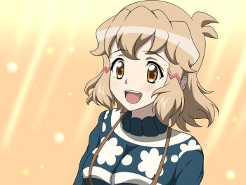 1girl :d a_k_g_e_0325 blush brown_hair hair_ornament hairclip highres looking_at_viewer open_mouth orange_eyes senki_zesshou_symphogear short_hair simple_background smile solo sweater tachibana_hibiki_(symphogear)