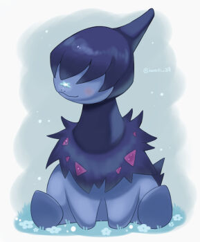 Rule 34 | animal focus, aqua background, artist name, black fur, closed mouth, commentary request, deino (pokemon), gen 5 pokemon, horns, iwasi 29, nintendo, no humans, on grass, pokemon, pokemon (creature), single horn, sitting, twitter username, two-tone background, white background