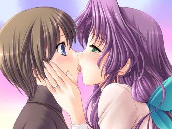1boy 1girl age_difference ahoge aoi_sakura_(tsuma_shibori) breasts eye_contact french_kiss game_cg hair_ribbon hand_on_another&#039;s_chin jewelry kiss kuroda_akimi large_breasts long_hair looking_at_another non-web_source official_art purple_hair ribbon ring saliva shota tsuma_shibori tsumamigui_(series) wedding_ring