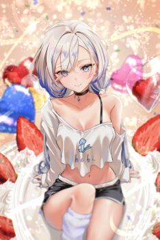 Rule 34 | 1girl, black choker, black shorts, blue eyes, blue hair, bra strap, breasts, choker, closed mouth, collarbone, commentary request, crop top, crop top overhang, dolphin shorts, eyes visible through hair, food, fruit, heart, hebi (vtuber), highres, indie virtual youtuber, kitsune hero, knee up, korean commentary, long hair, long sleeves, looking at viewer, loose socks, low twintails, medium breasts, midriff, multicolored hair, navel, off shoulder, shirt, short shorts, shorts, single bare shoulder, sitting, smile, socks, solo, stomach, strawberry, strawberry slice, streaked hair, twintails, two-tone hair, very long hair, virtual youtuber, white hair, white shirt, white socks