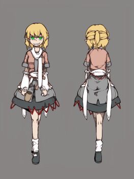 1girl ankle_socks black_footwear blonde_hair bolos brown_jacket commentary dress frilled_arm_warmers from_behind green_eyes grey_background grey_dress grin hammer holding holding_hammer holding_nail jacket knees looking_at_viewer mary_janes mizuhashi_parsee multiple_views nail_(hardware) open_clothes open_jacket pointy_ears ponytail reference_sheet sash scarf sharp_teeth shoes short_dress short_hair short_ponytail short_sleeves simple_background smile socks standing straight-on teeth touhou waist_sash white_arm_warmers white_sash white_scarf white_socks