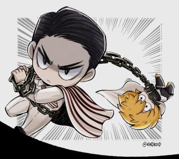 1boy 1girl 4indroid black_eyes black_hair black_skirt blonde_hair cape chain chains_of_others_(e.g.o) don_quixote_(project_moon) e.g.o_(project_moon) full_body grey_background highres index_(identity)_(project_moon) limbus_company looking_at_viewer meursault_(project_moon) motion_lines pants project_moon shirt short_hair skirt white_cape white_pants white_shirt