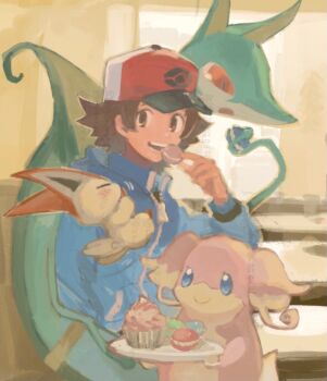 1boy audino baseball_cap blue_eyes blue_jacket blush brown_eyes brown_hair cafe closed_eyes closed_mouth cupcake eating food gen_5_pokemon hat hilbert_(pokemon) holding holding_food holding_tray indoors jacket legendary_pokemon long_sleeves macaron mythical_pokemon nintendo open_mouth plant pokemon pokemon_(creature) pokemon_bw red_eyes serperior short_hair smile snake tftf649e tray victini vines