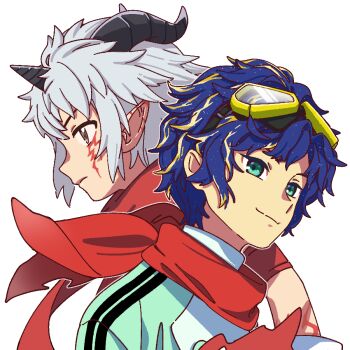 Rule 34 | 2boys, aegiomon, aioka (aichiu kuchiu), astel leda, blue eyes, blue hair, cosplay, digimon, digimon (creature), digimon story: time stranger, goggles, goggles on head, green jacket, grey hair, holostars, horns, jacket, male focus, multiple boys, pointy ears, red scarf, scarf, simple background, transparent background, upper body, virtual youtuber, white jacket, yuuki dan, yuuki dan (cosplay)