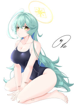 1girl absurdres abydos_high_school_swimsuit ahoge aqua_hair bandaid bandaid_on_arm bandaid_on_knee bandaid_on_leg bare_arms bare_legs barefoot black_gloves black_one-piece_swimsuit black_shoes blue_archive blush breasts cleavage collarbone commentary_request cross-laced_shoes curvy feet full_body gloves hair_intakes halo harness highres huge_ahoge large_breasts leaning_forward legs long_hair looking_at_viewer maximum7010 official_alternate_costume one-piece_swimsuit parted_lips school_swimsuit shoes signature simple_background sitting sneakers solo swimsuit thighs toenails toes v_arms very_long_hair wariza white_background yellow_eyes yellow_halo yume_(blue_archive)