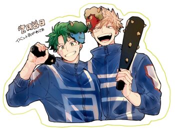 Rule 34 | 2boys, arm up, bakugou katsuki, blonde hair, blue jacket, boku no hero academia, bwzb64761, club, club (weapon), commentary request, facial scar, freckles, green eyes, green hair, grin, highres, holding, holding club, holding weapon, jacket, long sleeves, male focus, mask, mask on head, midoriya izuku, multiple boys, oni mask, open mouth, parted bangs, red eyes, scar, scar on cheek, scar on face, short hair, smile, spiked club, spiked hair, teeth, u.a. gym uniform, weapon, white background, zipper pull tab