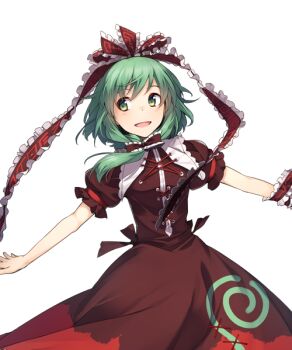 1girl bow breasts dress eho_(icbm) frilled_bow frilled_ribbon frills game_cg green_eyes green_hair hair_bow hair_ribbon kagiyama_hina labyrinth_of_touhou_(series) labyrinth_of_touhou_2 looking_to_the_side official_art open_mouth outstretched_arms puffy_short_sleeves puffy_sleeves red_bow red_dress red_ribbon ribbon short_sleeves small_breasts smile solo spread_arms third-party_source touhou transparent_background wrist_ribbon