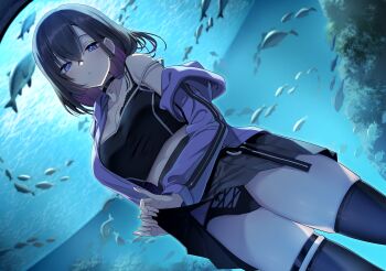 1girl absurdres aquarium black_bra black_camisole black_choker black_hair black_panties black_skirt black_thighhighs bra bra_strap breasts camisole choker cleavage clothes_lift collarbone colored_inner_hair crossed_bangs dolphin dutch_angle fish hair_between_eyes highres indoors jacket koikawa_minoru lifting_own_clothes long_sleeves looking_at_viewer medium_breasts multicolored_hair original panties parted_lips pleated_skirt purple_eyes purple_hair purple_jacket skirt skirt_lift solo strap_slip thighhighs two-tone_hair underwear