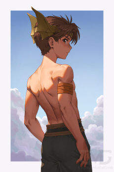 1boy armband back border brown_hair closed_mouth cloud cloudy_sky futch_(suikoden) gensou_suikoden gensou_suikoden_ii highres male_focus pants profile short_hair sky solo toned toned_male topless_male treijim upper_body winged_headwear