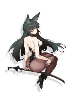 1girl absurdres animal_ears ass back backless_leotard black_hair black_leotard black_pantyhose breasts character_name commentary english_commentary fox_ears fox_girl from_behind high_heels highres hoshimi_miyabi layton_(sanlayton) leotard long_hair medium_breasts pantyhose red_eyes sideboob simple_background solo sword very_long_hair weapon white_background zenless_zone_zero