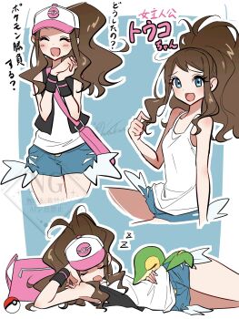 baseball_cap black_vest commentary_request cutoffs denim denim_shorts exposed_pocket gen_5_pokemon hat high_ponytail highres hilda_(pokemon) nintendo open_clothes open_vest poke_ball_print pokemon pokemon_(creature) pokemon_black_and_white ponytail shorts snivy vest wakuno_lemon wristband