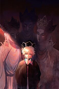 1boy absurdres blonde_hair chinese_commentary commentary_request douma_(kimetsu_no_yaiba) hair_between_eyes highres kaituolajidemeishaonianmao kimetsu_no_yaiba long_hair looking_at_viewer male_focus multicolored_eyes patterned_hair rainbow_eyes shirt smile solo spiked_hair statue