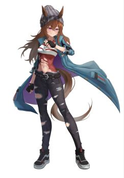 1girl abs animal_ears arm_at_side arm_belt beanie belt black_belt black_gloves black_pants blue_coat breasts brown_hair cai_ji_(user_jmrv4342) clenched_hand coat collared_coat commentary_request dice dice_pendant ears_through_headwear fingerless_gloves full_body gloves grey_hat grin hair_between_eyes hand_up hat highres holding_shogi_piece horse_ears horse_girl horse_tail jewelry legs_apart long_hair long_sleeves looking_to_the_side medium_breasts nakayama_festa_(shichuukyuukatsu)_(umamusume) nakayama_festa_(umamusume) navel open_clothes open_coat pants partially_unzipped pendant purple_eyes shirt shoes shogi_piece simple_background smile sneakers solo standing stomach striped_clothes striped_shirt tail taut_clothes taut_shirt toned toned_female torn_clothes torn_pants torn_shirt umamusume v-shaped_eyebrows very_long_hair zipper
