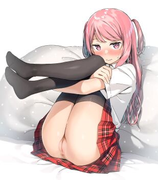 1girl black_thighhighs highres imageboard_desourced kantoku kurumi_(kantoku) looking_at_viewer non-web_source pink_eyes pussy skirt slim_legs thighhighs