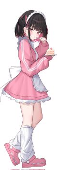 1girl apron black_hair blunt_bangs cake closed_mouth colored_inner_hair crocs eating food fork frilled_apron frilled_skirt frills from_side full_body highres holding holding_fork holding_plate indie_virtual_youtuber jacket jersey_maid kneehighs long_sleeves loose_socks maid maid_apron maid_headdress multicolored_hair pink_eyes pink_jacket pink_shoes pink_skirt pink_streaks plate ribbed_socks rikotan_(vtuber) shoes short_hair skirt sleeves_past_wrists socks solo strawberry_shortcake streaked_hair track_jacket twinn_22 two_side_up unconventional_maid virtual_youtuber white_apron white_background white_socks