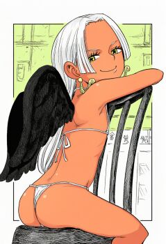 ass bikini black_feathers black_wings chair dark-skinned_female dark_skin earrings feathered_wings feathers highres jewelry loli long_hair looking_at_viewer looking_back micro_bikini one_piece s-snake seductive_gaze seductive_smile seraphim_(one_piece) smile smirk smug snake_earrings star-shaped_pupils star_(symbol) swimsuit symbol-shaped_pupils thong white_bikini white_hair wings yellow_eyes