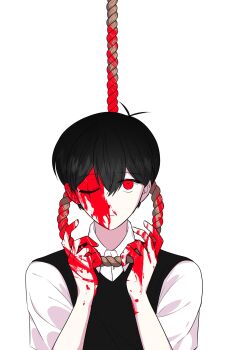 Rule 34 | 1boy, ;(, antenna hair, b hong, black hair, black sweater vest, blood, blood on face, blood on hands, buttons, closed mouth, collared shirt, commentary, double-parted bangs, english commentary, frown, hair behind ear, hair between eyes, hands up, highres, holding, holding rope, male focus, nose, official alternate eye color, omori, one eye closed, pale skin, red eyes, rope, scar, scar across eye, scar on face, shirt, short hair, short sleeves, simple background, solo, spoilers, straight-on, sunny (omori), sweater vest, upper body, upturned eyes, very short hair, white background, white shirt