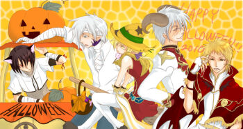 2010 5boys animal_ears bandaged_arm bandaged_head bandages black_eyes blacksmith_(ragnarok_online) blue_eyes broom broom_riding brown_hair brown_shirt candy capelet cat_boy cat_ears closed_mouth collared_shirt commentary_request fangs fangs_out food frown fur-trimmed_capelet fur_trim halloween happy_halloween hat high_priest_(ragnarok_online) high_wizard_(ragnarok_online) hunter_(ragnarok_online) jack-o&#039;-lantern lollipop male_focus multiple_boys mummy_costume one_eye_closed open_mouth pointy_ears professor_(ragnarok_online) pumpkin ragnarok_online red_capelet red_eyes red_shirt sharp_teeth shirt short_hair short_sleeves sleeveless sleeveless_shirt smile swirl_lollipop teeth two-tone_shirt upper_body vial white_hair white_shirt witch_hat yuchey