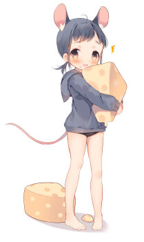 1girl ^^^ absurdres animal_ear_fluff animal_ears barefoot black_shorts blush brown_eyes cheese commentary extra_ears food food_on_face full_body furrowed_brow grey_hair grey_hoodie highres holding holding_food hood hood_down hoodie long_sleeves looking_at_viewer low_twintails medium_hair mouse_ears mouse_girl mouse_tail open_mouth original oversized_food oversized_object senmen_kinuko shorts solo standing symbol-only_commentary tail twintails white_background