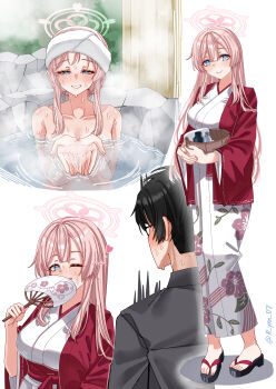 1boy 1girl absurdres bare_shoulders bath_yukata black_hair blue_archive blue_eyes blush breasts bucket cleavage commentary_request fence halo hand_fan highres jacket japanese_clothes kimono long_hair looking_at_viewer medium_breasts mimori_(blue_archive) nude one_eye_closed onsen open_clothes open_jacket partially_submerged pink_hair pink_halo red_jacket rynn_(darknescorez) sandals sensei_(blue_archive) short_hair smile squinting towel towel_on_head white_kimono wooden_bucket wooden_fence yukata