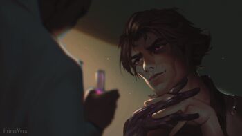 2boys arcane:_league_of_legends arcane_jayce artist_name black_skin blurry blurry_foreground bottle brown_hair closed_mouth colored_skin head_tilt holding jayce_(league_of_legends) league_of_legends looking_at_another male_focus multiple_boys pink_eyes prima_vera short_hair smile upper_body viktor_(arcane) viktor_(league_of_legends)