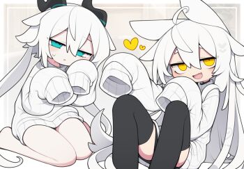 2girls animal_ears barefoot black_horns black_thighhighs blue_eyes commentary_request dorodra_(kisaragi_kaya) fang hair_between_eyes hair_flaps heart horns invisible_chair jitome kisaragi_kaya long_hair long_sleeves looking_at_viewer multiple_girls no_shoes open_mouth original sitting skin_fang sleeves_past_fingers sleeves_past_wrists smile sweat sweater thighhighs turtleneck turtleneck_sweater twintails very_long_hair white_hair white_sweater yellow_eyes