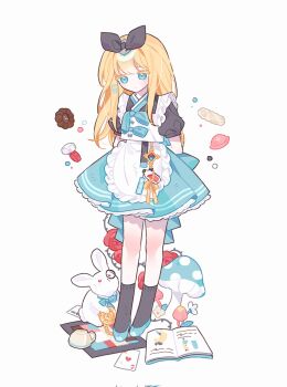 1girl ace_(playing_card) ace_of_hearts adapted_costume alice_(alice_in_wonderland) alice&#039;s_adventures_in_wonderland apron black_bow black_socks blonde_hair blue_bow blue_bowtie blue_eyes blue_hanbok bow bowtie colored_eyelashes cookie flower food hair_bow hanbok heart highres korean_clothes lia_s2 long_hair monocle mushroom playing_card pocket_watch rose socks solo thorns vial watch white_apron white_rabbit_(alice_in_wonderland)