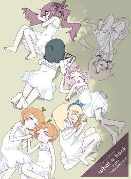 6+girls absurdres bandaid bandaid_on_knee bandaid_on_leg bare_arms bare_legs bare_shoulders barefoot black_hair blonde_hair brown_hair closed_eyes commentary_request dress hairband highres long_hair low_twintails lying multiple_girls on_back on_grass on_side on_stomach open_mouth orange_hair original pink_hair short_dress short_hair sleeping sundress twintails what_a white_dress