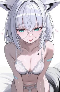 1girl :p animal_ear_fluff animal_ears aqua_eyes averting_eyes blush bra braid breasts cleavage commentary double-parted_bangs english_commentary fox_ears fox_girl fox_tail glasses gluteal_fold hair_between_eyes highres hololive kkato long_hair medium_breasts navel panties round_eyewear shirakami_fubuki side_braid simple_background single_braid solo tail thigh_gap tongue tongue_out underwear underwear_only virtual_youtuber white_background white_bra white_hair white_panties
