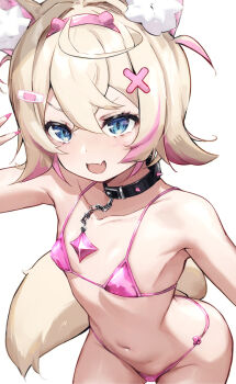 1girl alternate_costume animal_ear_fluff animal_ears bandaid bandaid_hair_ornament bare_shoulders bikini black_collar blonde_hair blue_eyes collar commentary_request cowboy_shot crossed_bangs dog_ears dog_tail fang fingernails flat_chest hair_between_eyes hair_ornament hairband hololive hololive_english kenzuishi_(pixiv1071422) long_fingernails micro_bikini mococo_abyssgard multicolored_hair nail_polish navel open_mouth pink_bikini pink_hair pink_hairband pink_nails short_hair simple_background skin_fang smile solo spiked_collar spikes streaked_hair swimsuit tail two-tone_hair v-shaped_eyebrows virtual_youtuber white_background x_hair_ornament