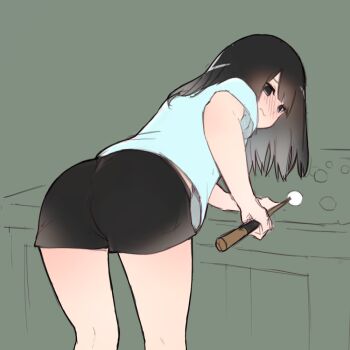 13o 1girl ass ball bent_over billiard_ball billiards black_eyes black_hair black_shorts blue_shirt blush commentary embarrassed green_background holding original shirt shorts solo